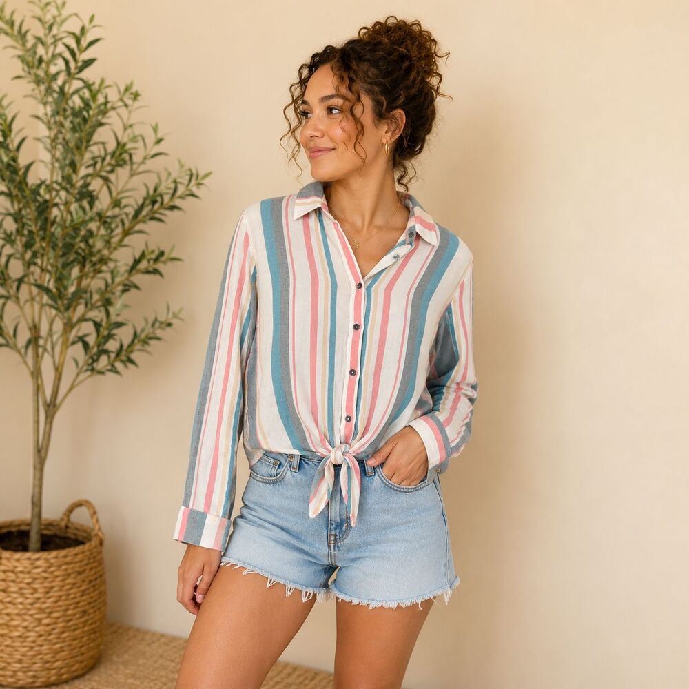 Roxy Womens Striped Tie Front Button Up Blouse Size Small Long Sleeve Beach Boho